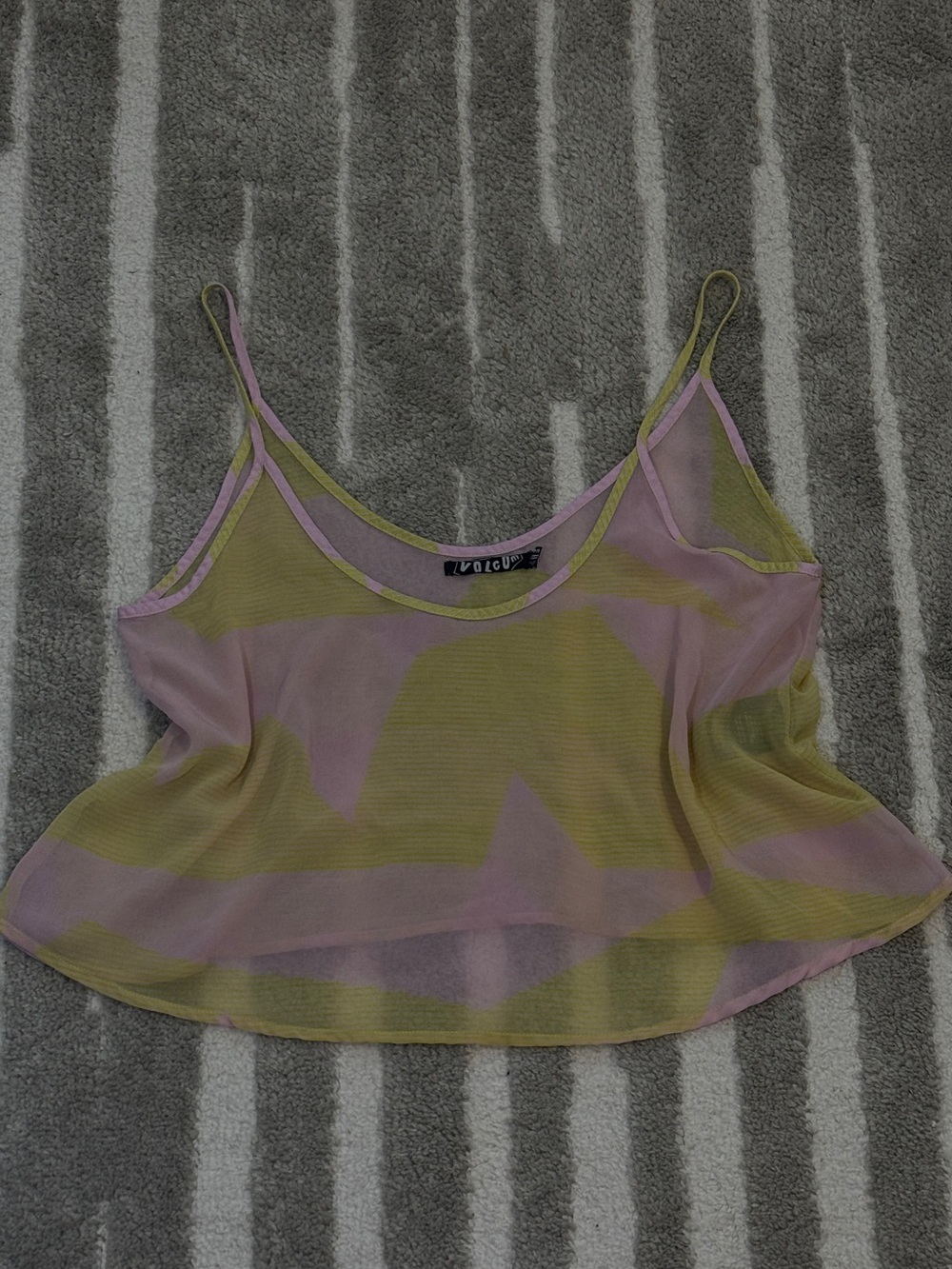 Mid 2000’s Volcom Women's Pink/Green Striped Sheer Mesh Spaghetti Strap Cami Top